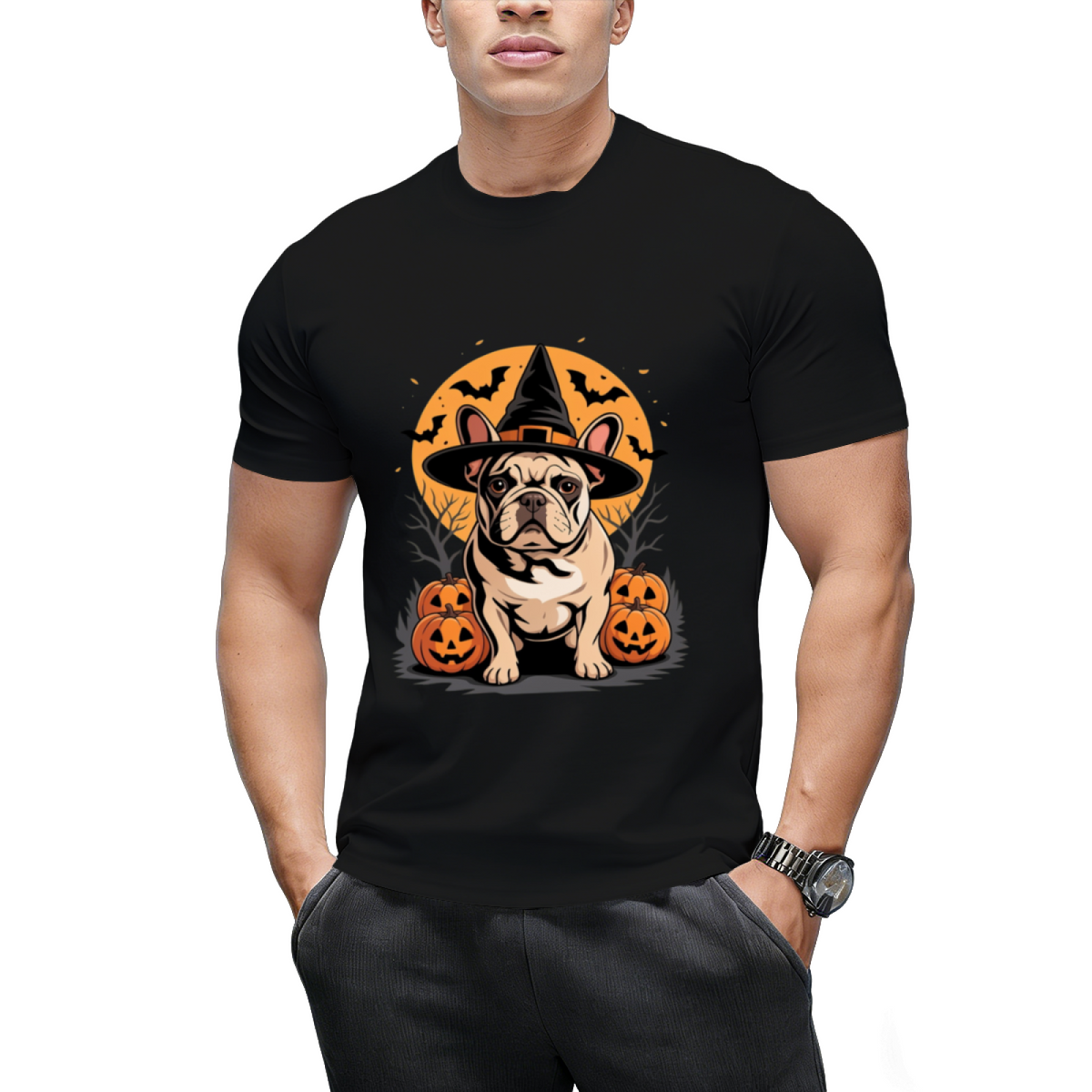 French Bulldog Frenchie Dog Whitch Hat Halloween Pumpkin T-Shirt