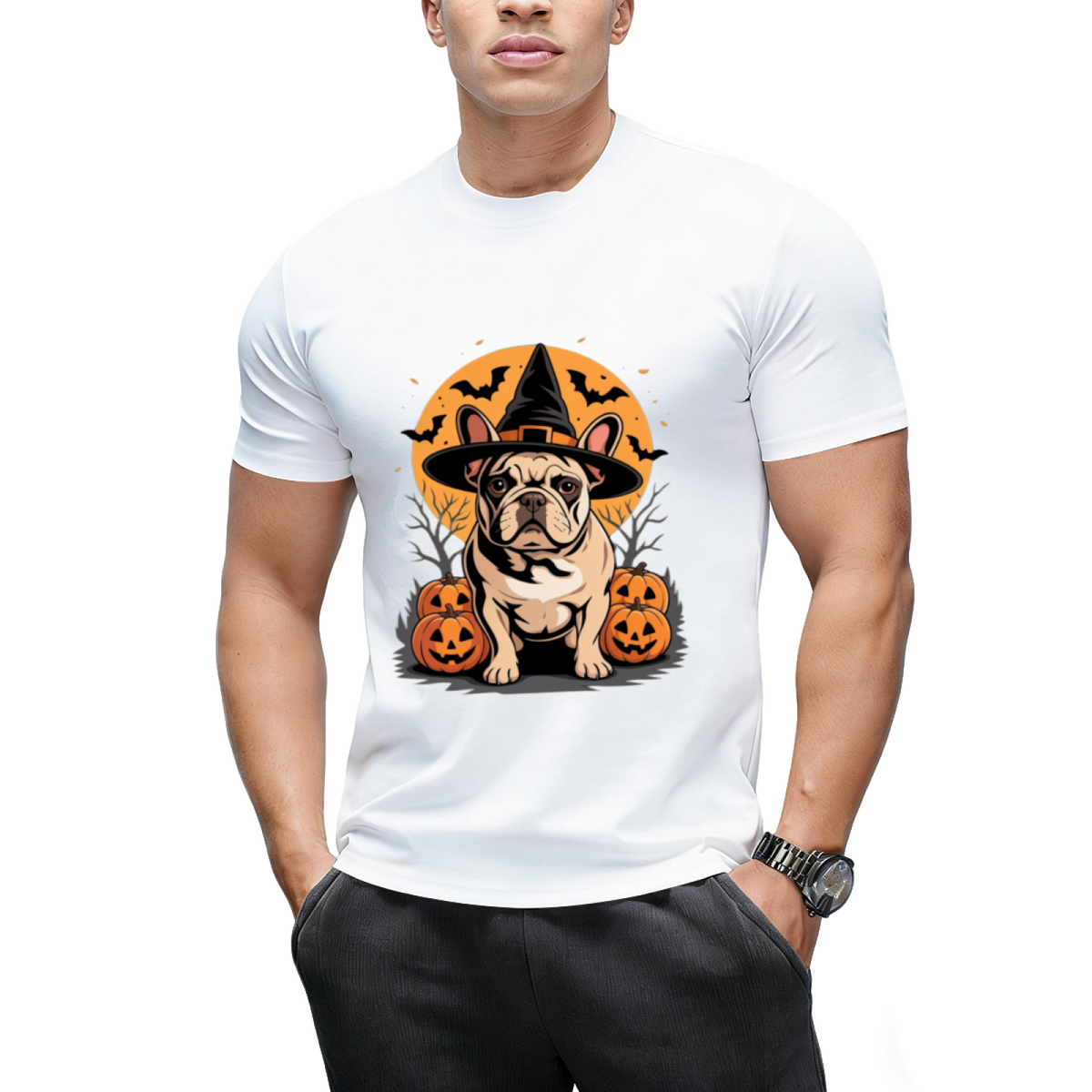 French Bulldog Frenchie Dog Whitch Hat Halloween Pumpkin T-Shirt
