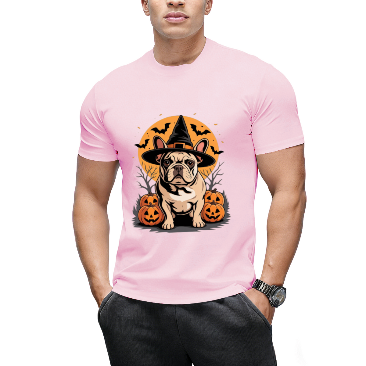 French Bulldog Frenchie Dog Whitch Hat Halloween Pumpkin T-Shirt