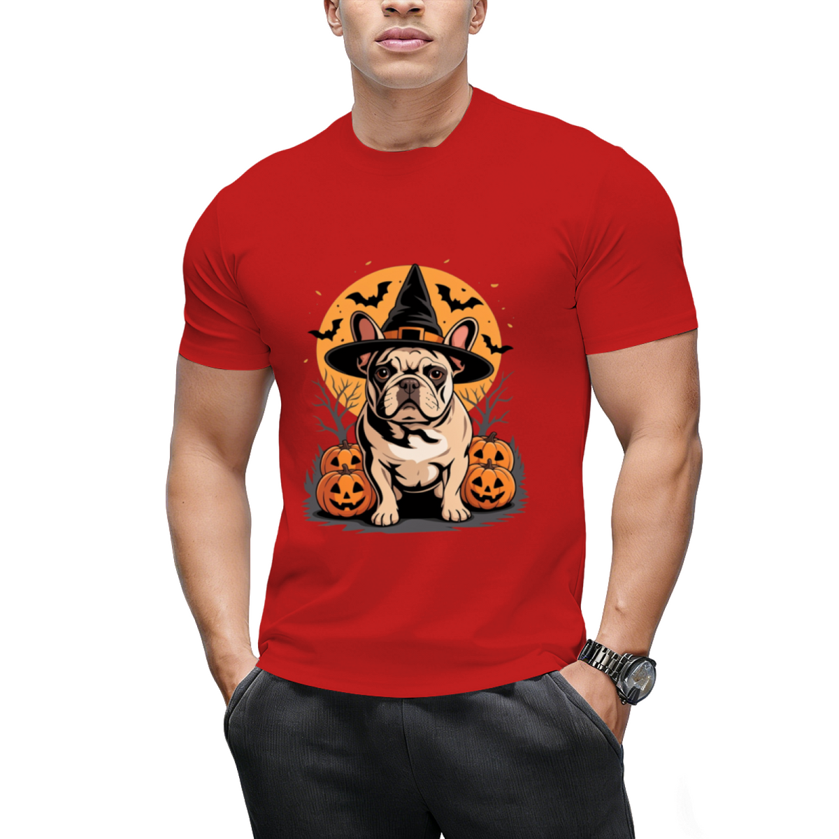 French Bulldog Frenchie Dog Whitch Hat Halloween Pumpkin T-Shirt