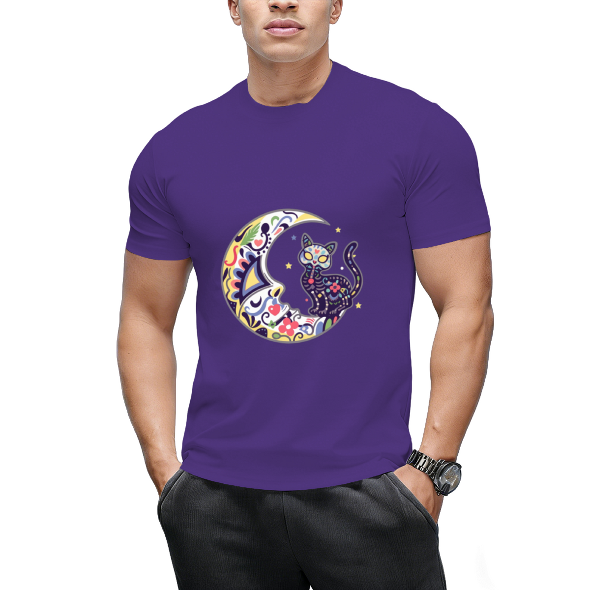 Cat And Moon Sugar Skull Dia De Los Muertos Day Of The Dead T-Shirt