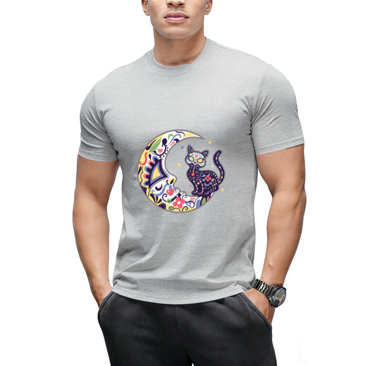 Cat And Moon Sugar Skull Dia De Los Muertos Day Of The Dead T-Shirt