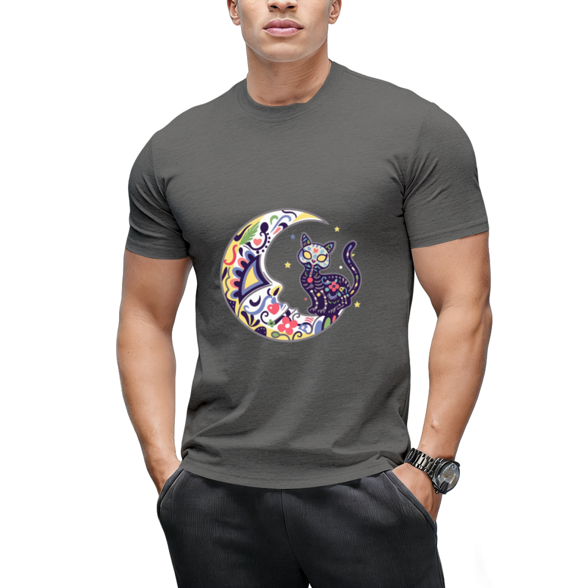 Cat And Moon Sugar Skull Dia De Los Muertos Day Of The Dead T-Shirt