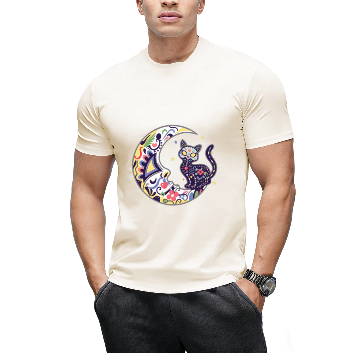 Cat And Moon Sugar Skull Dia De Los Muertos Day Of The Dead T-Shirt