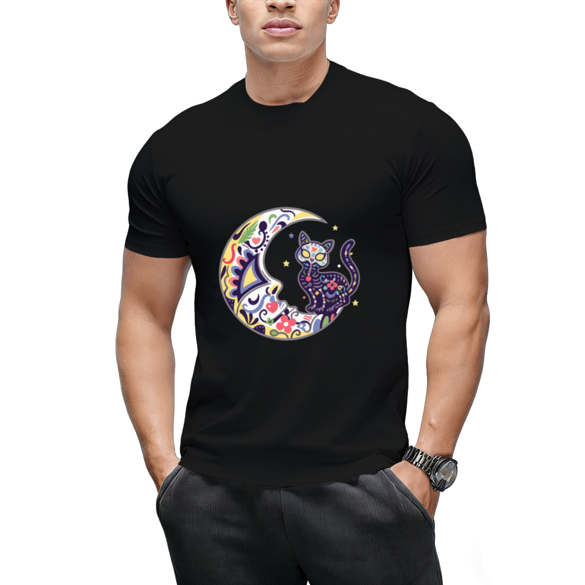 Cat And Moon Sugar Skull Dia De Los Muertos Day Of The Dead T-Shirt