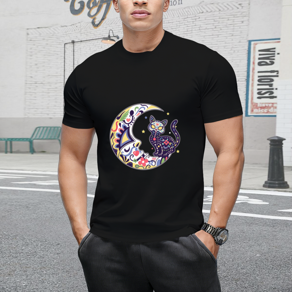 Cat And Moon Sugar Skull Dia De Los Muertos Day Of The Dead T-Shirt