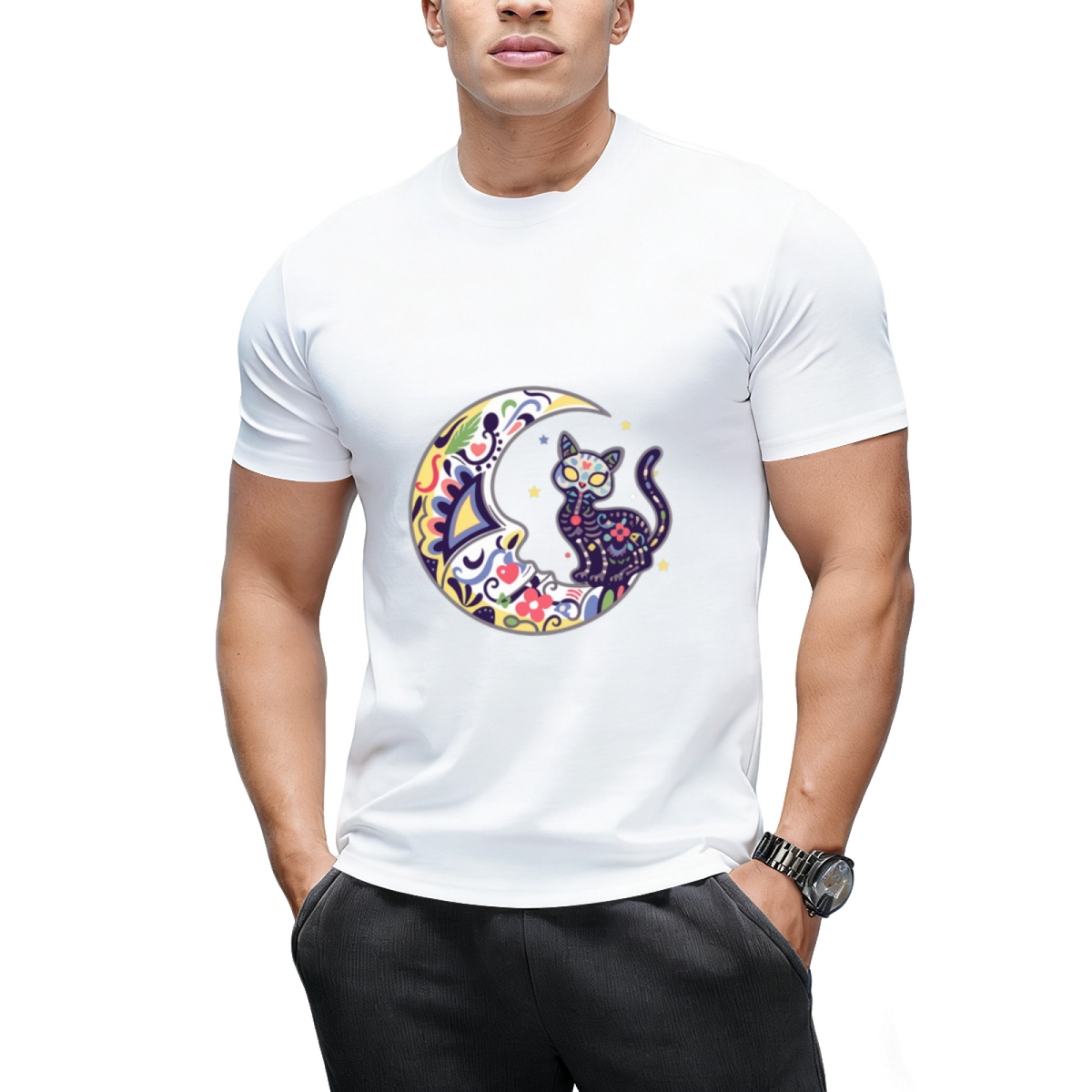 Cat And Moon Sugar Skull Dia De Los Muertos Day Of The Dead T-Shirt