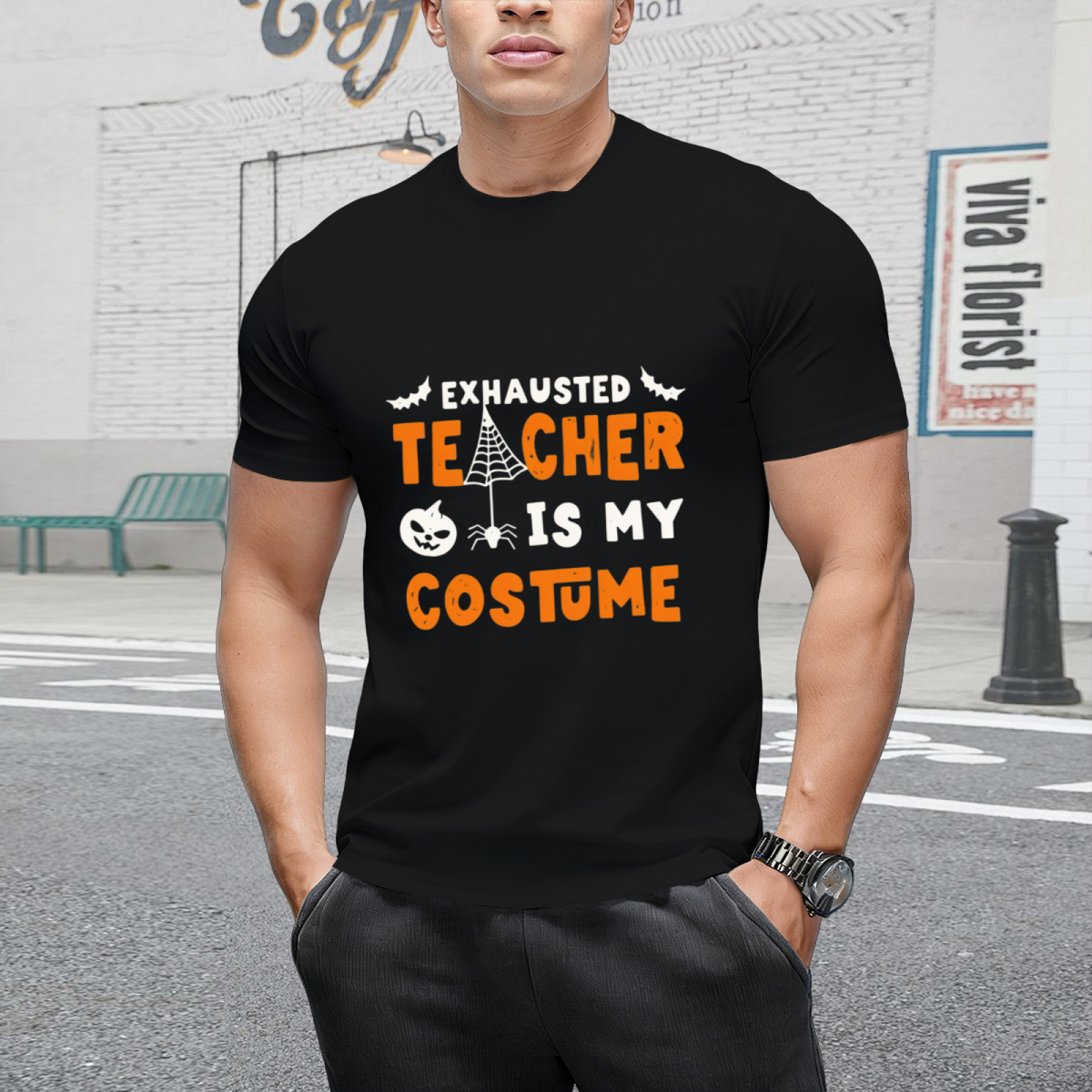 Funny Halloween Teacher Costume Exhausted Halloween Teacher T-Shirt