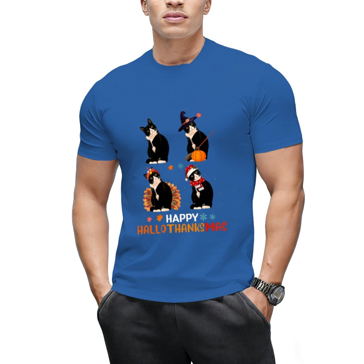 Cat Halloween And Merry Christmas Happy Hallothanksmas T-Shirt