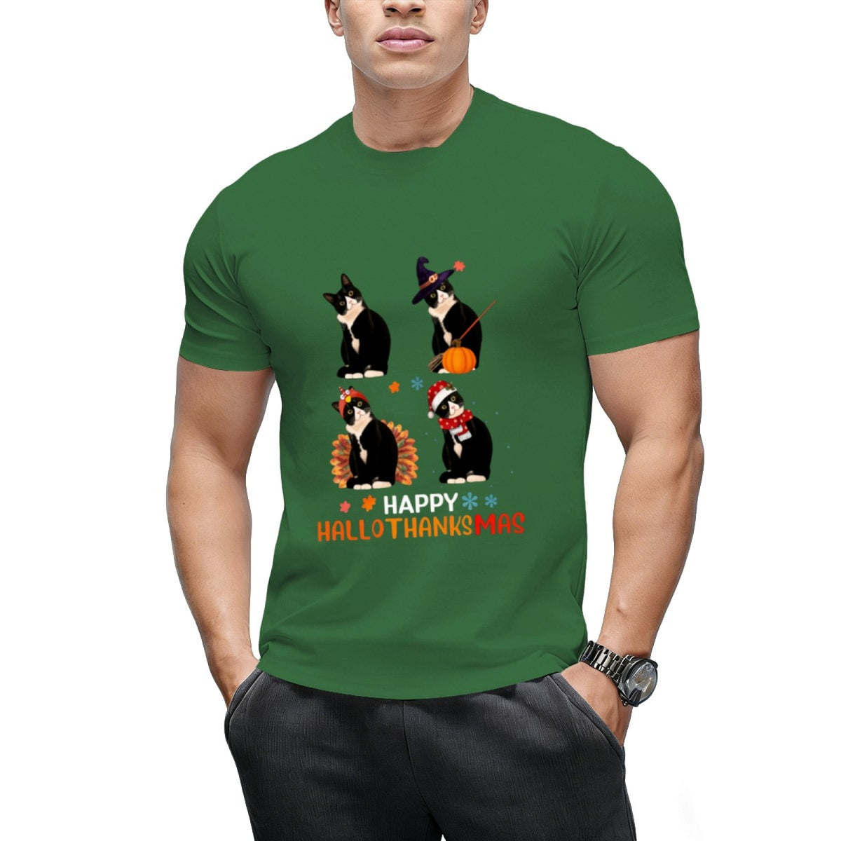 Cat Halloween And Merry Christmas Happy Hallothanksmas T-Shirt