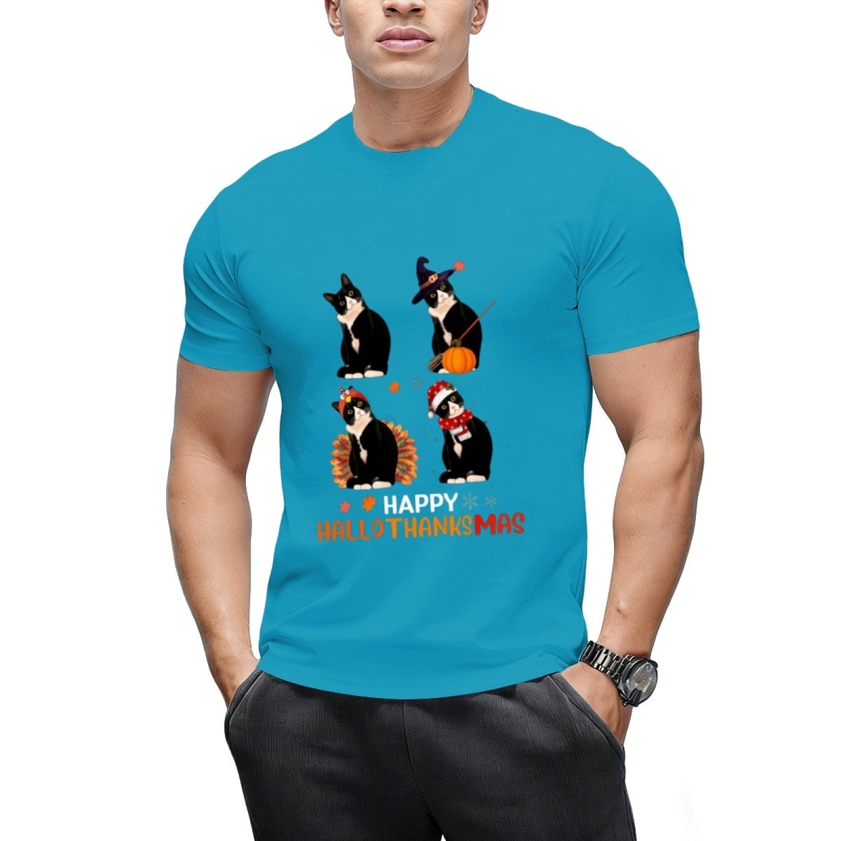 Cat Halloween And Merry Christmas Happy Hallothanksmas T-Shirt