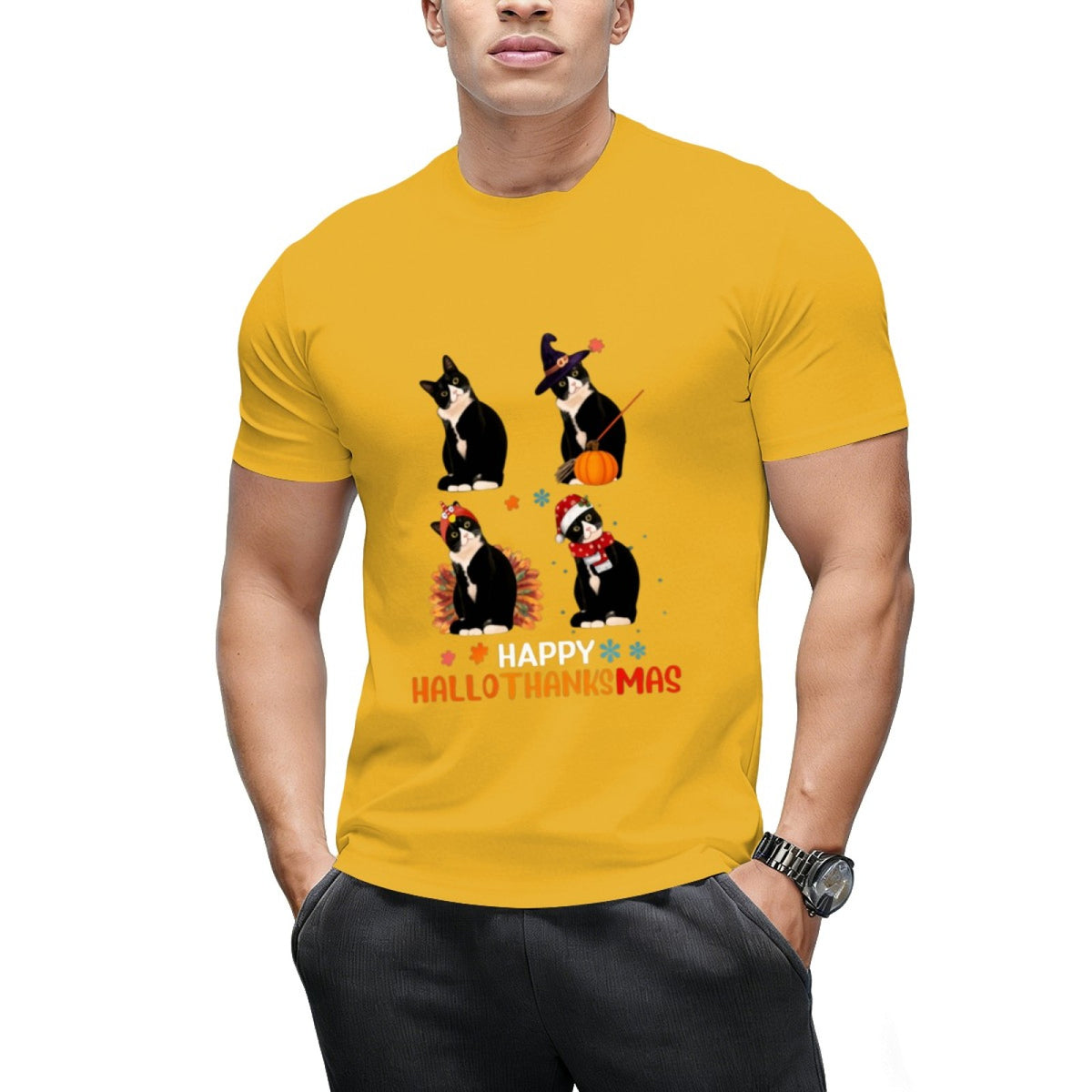 Cat Halloween And Merry Christmas Happy Hallothanksmas T-Shirt