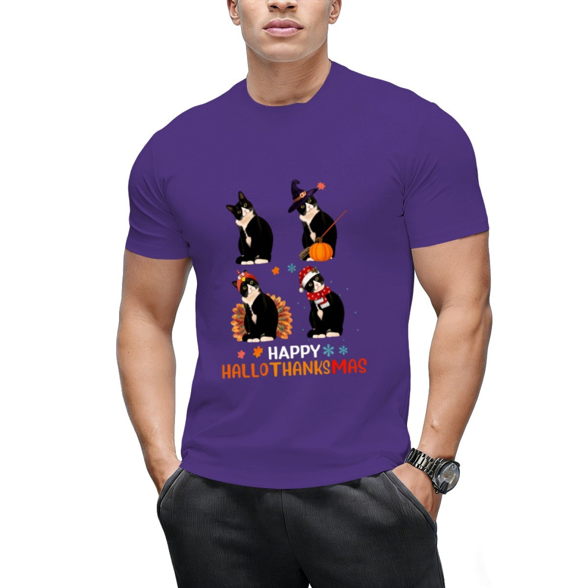 Cat Halloween And Merry Christmas Happy Hallothanksmas T-Shirt