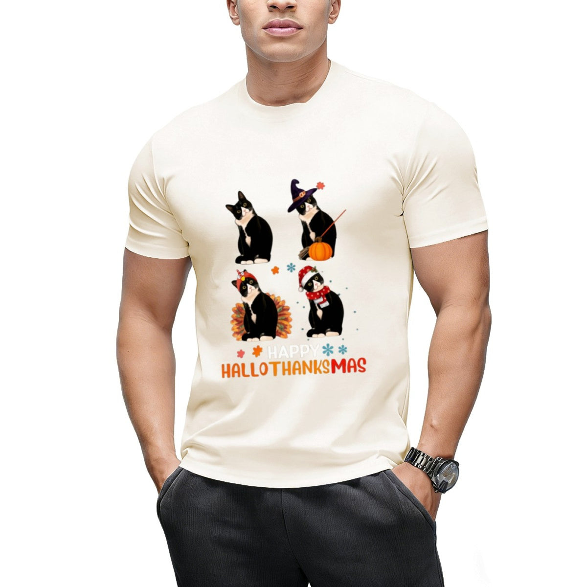 Cat Halloween And Merry Christmas Happy Hallothanksmas T-Shirt