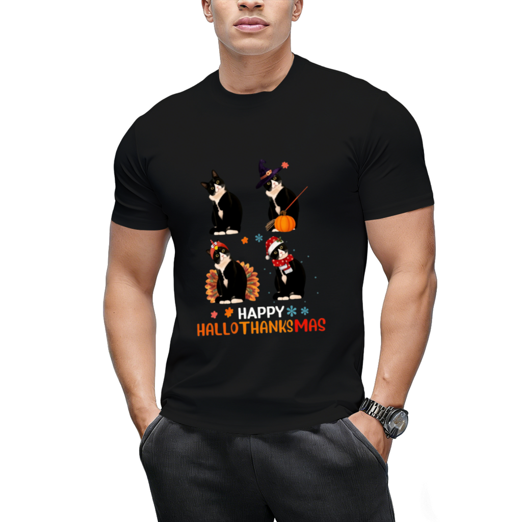 Cat Halloween And Merry Christmas Happy Hallothanksmas T-Shirt