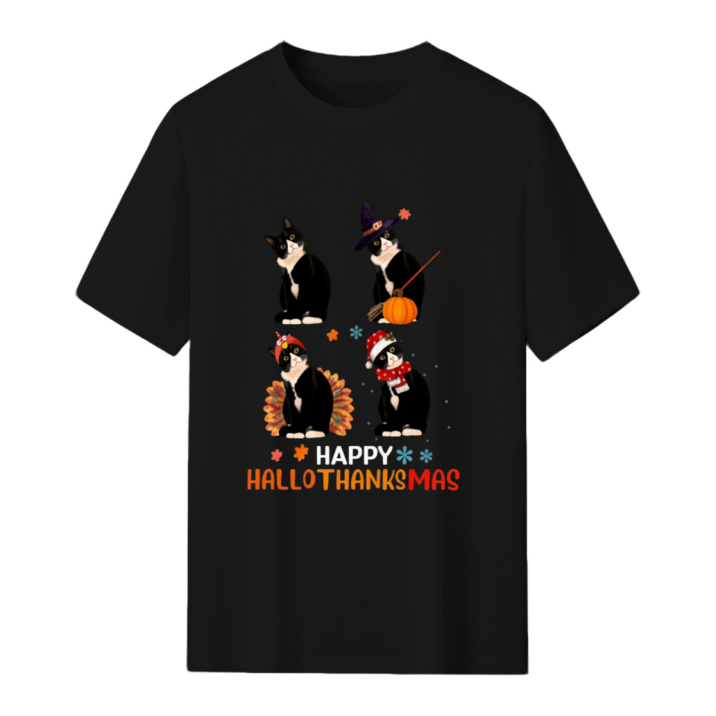 Cat Halloween And Merry Christmas Happy Hallothanksmas T-Shirt