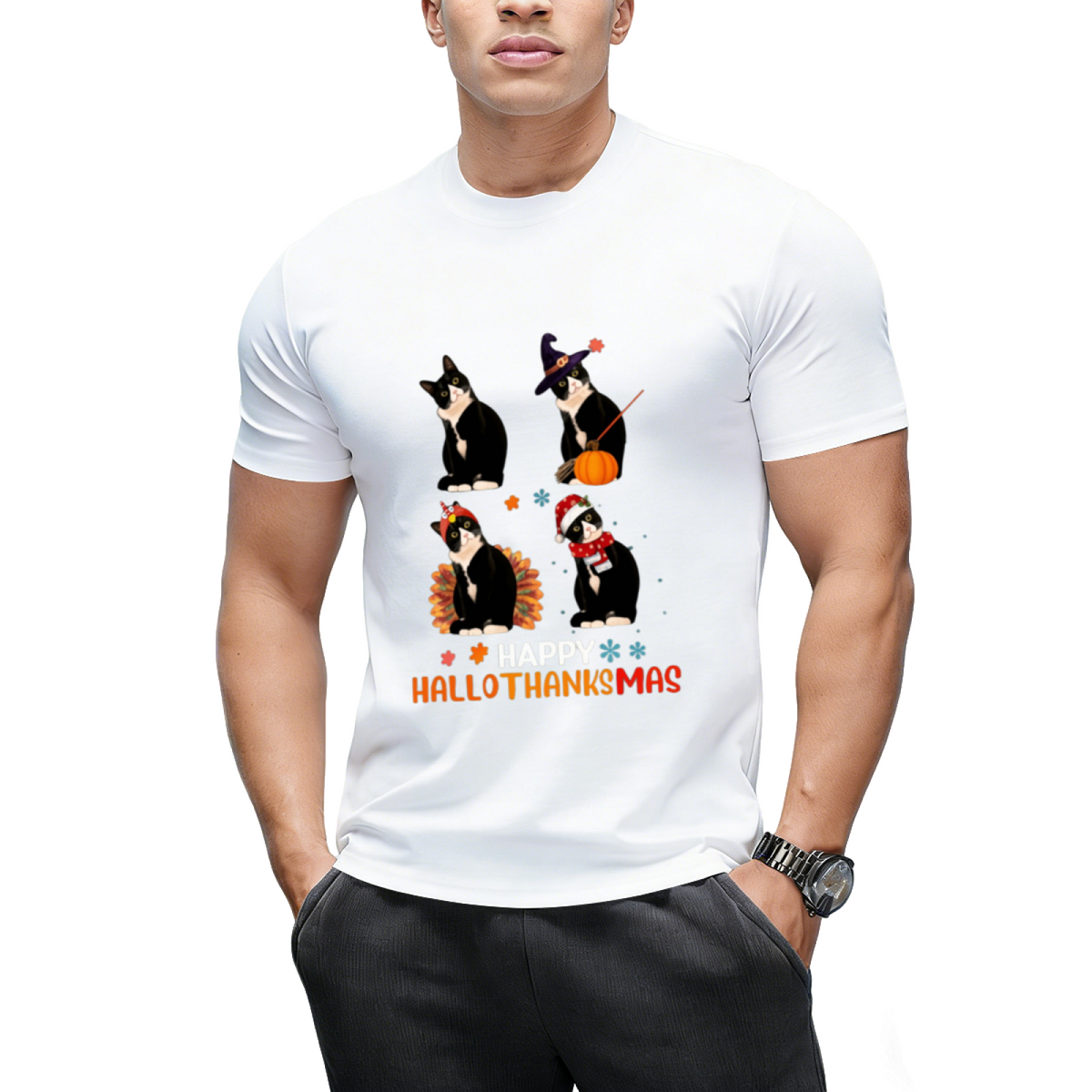 Cat Halloween And Merry Christmas Happy Hallothanksmas T-Shirt