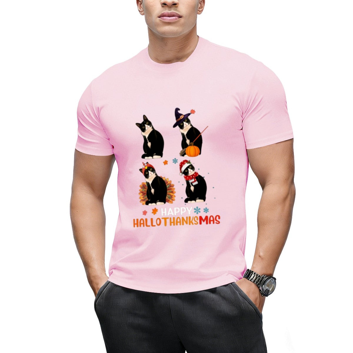 Cat Halloween And Merry Christmas Happy Hallothanksmas T-Shirt