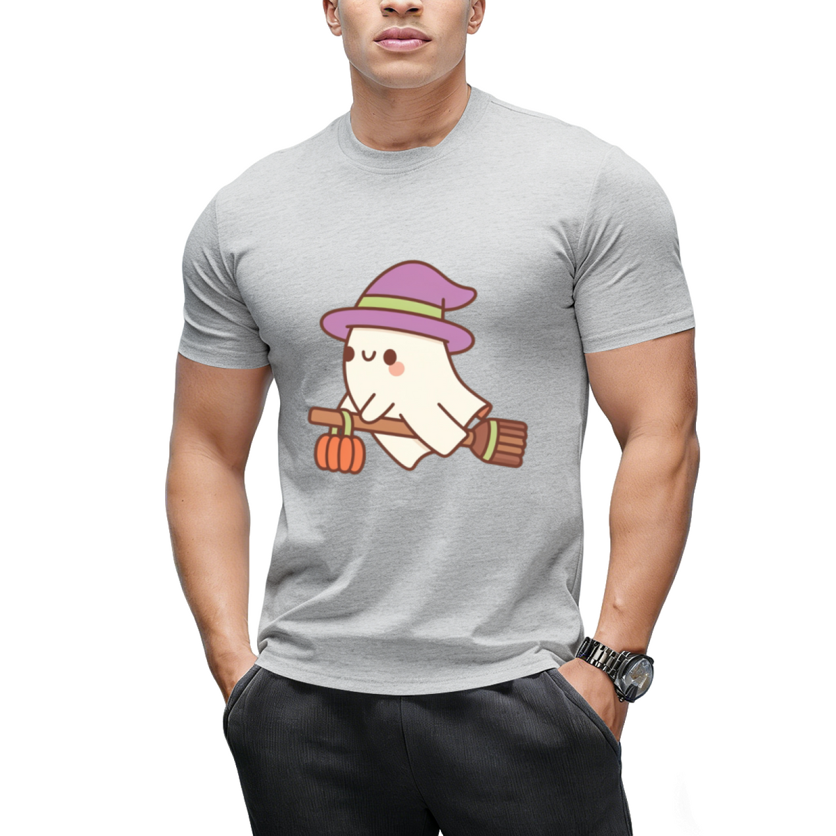 Cute Ghost Witch On Flying Broom T-Shirt