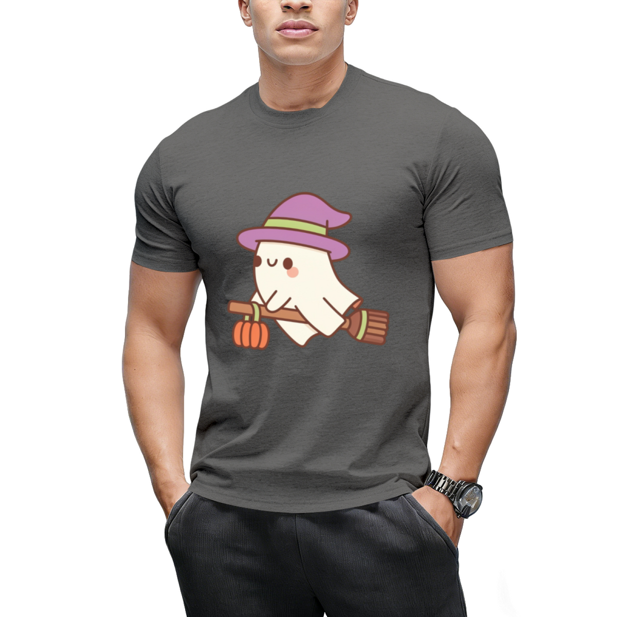Cute Ghost Witch On Flying Broom T-Shirt