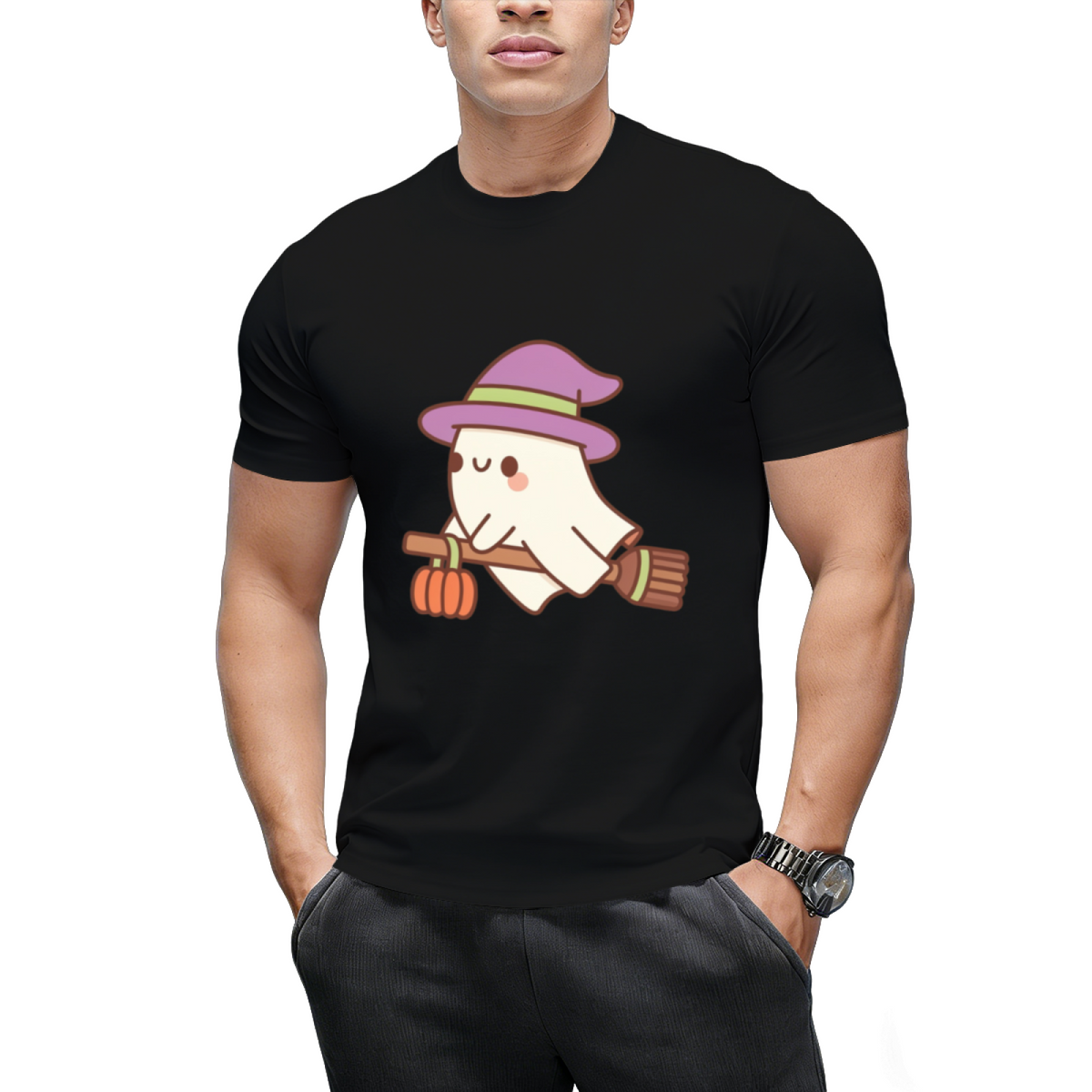 Cute Ghost Witch On Flying Broom T-Shirt