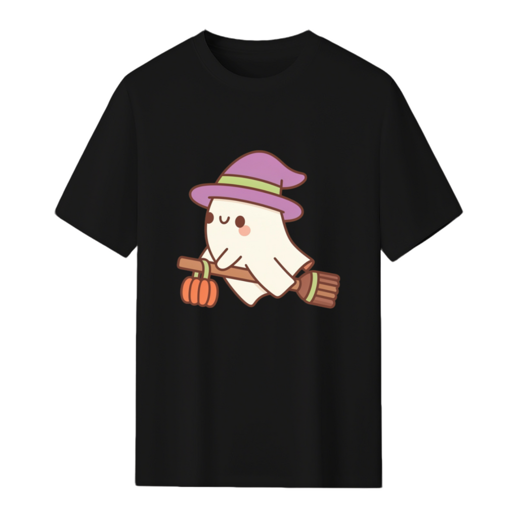Cute Ghost Witch On Flying Broom T-Shirt