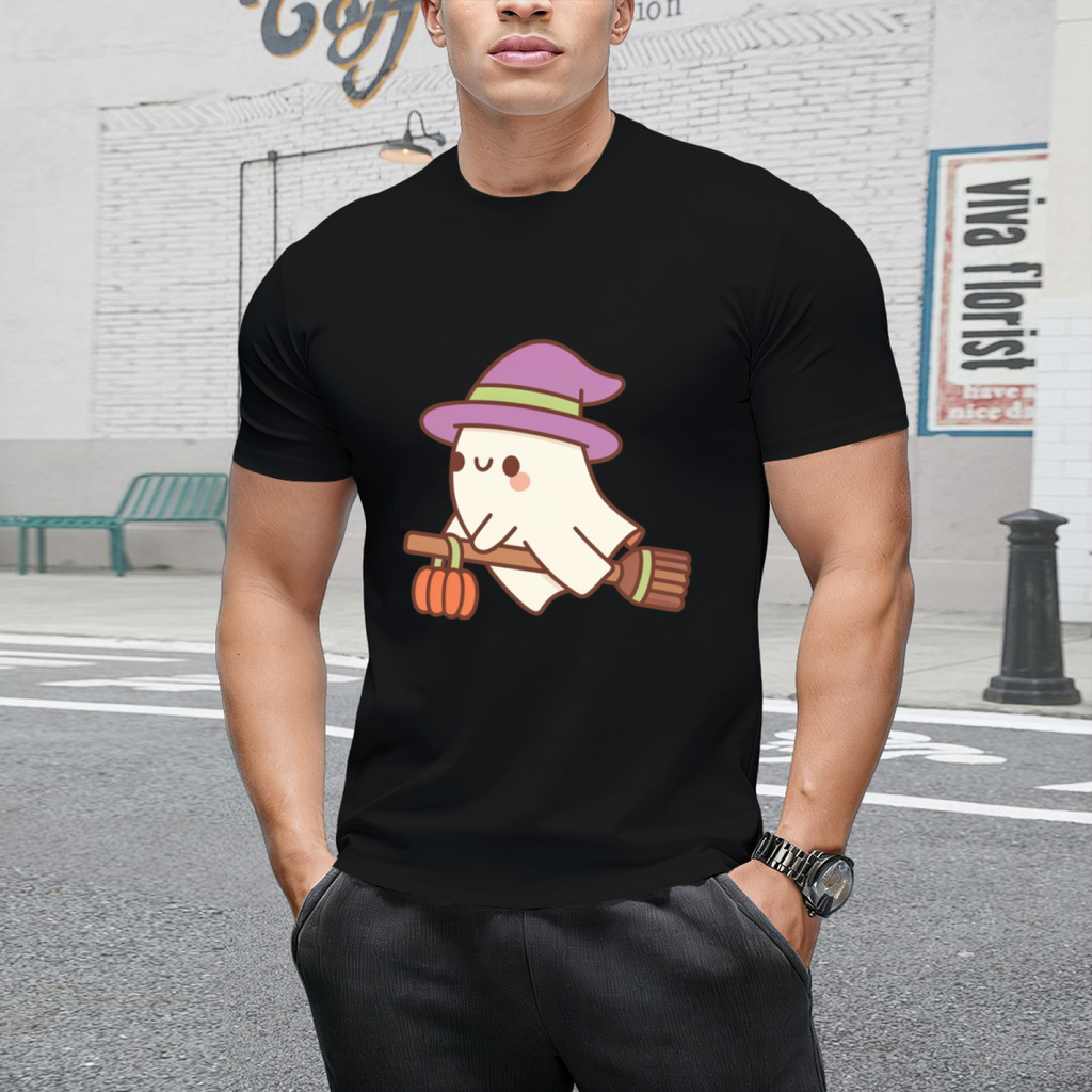 Cute Ghost Witch On Flying Broom T-Shirt