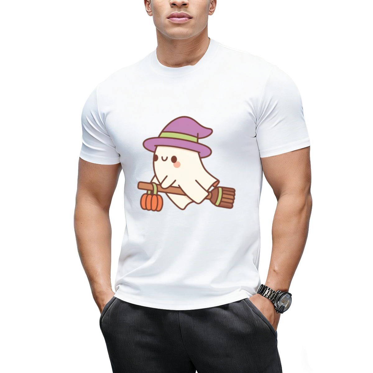 Cute Ghost Witch On Flying Broom T-Shirt