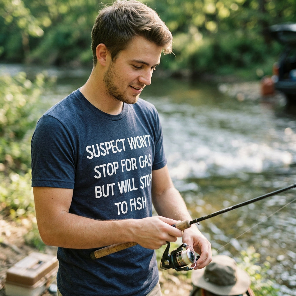 Suspect Wont Stop For Gas But Will Stop To Fish Men's T Shirt