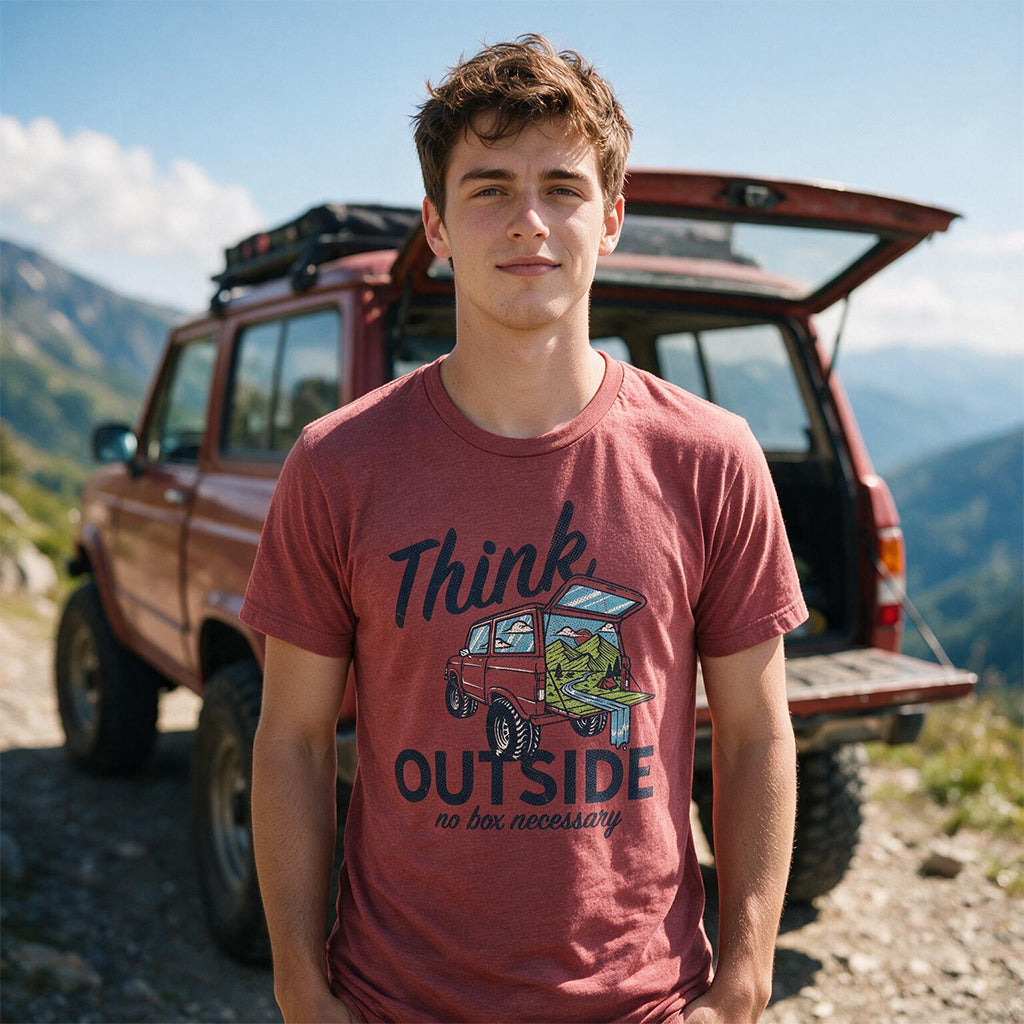 Mens Think Outside No Box Necessary Funny Camping Vintage Car Trunk T shirt